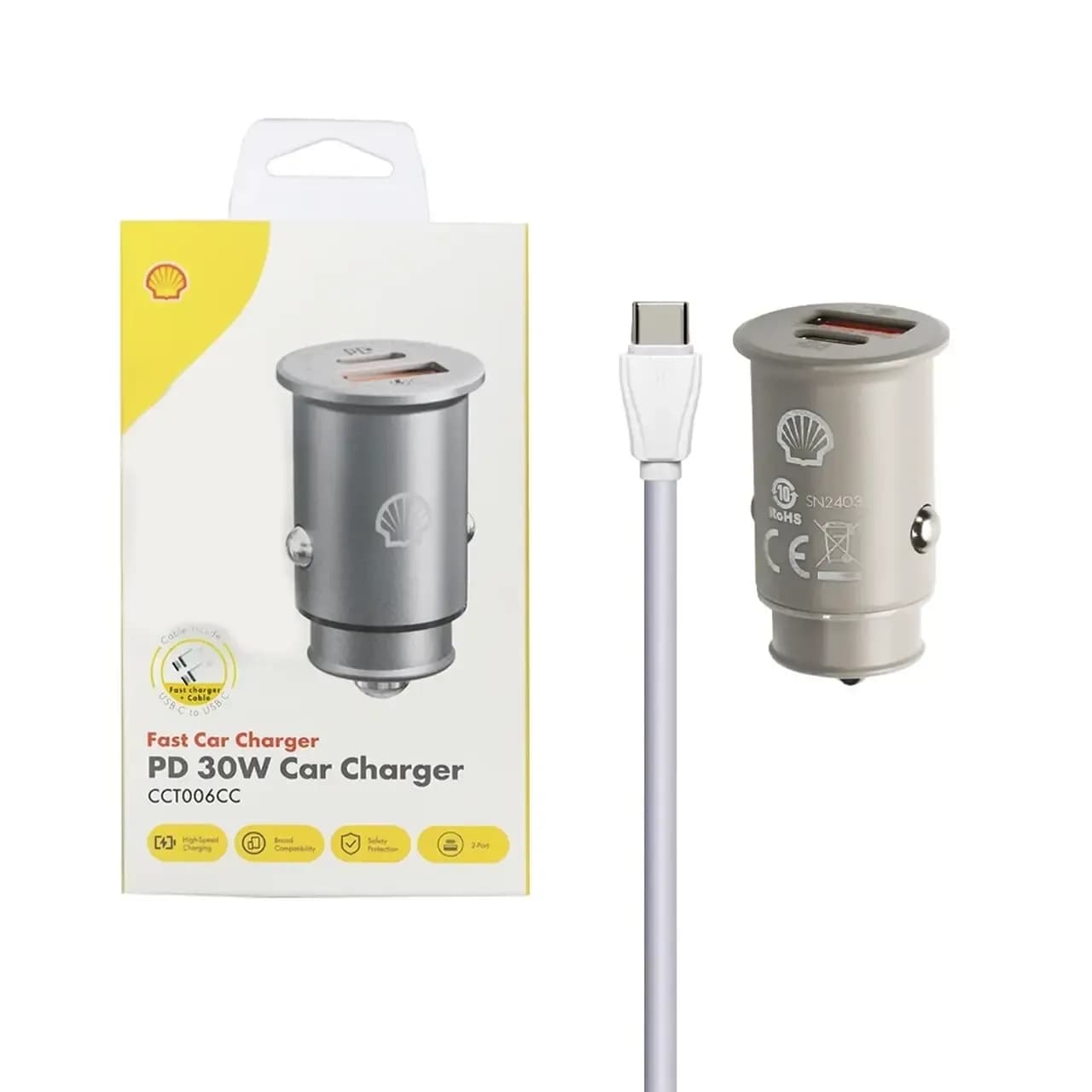 شارژر فندکی Shell مدل CCT006CC ۳۰ وات رنگ طوسی نمای جلو